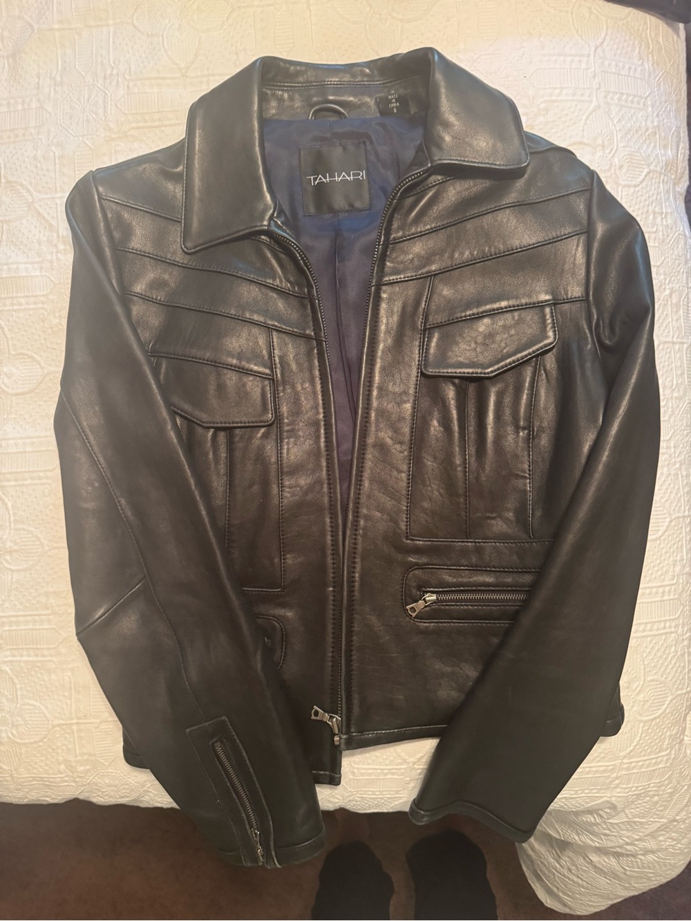 Tahari Black Leather Jacket with Zip and Flap Pockets